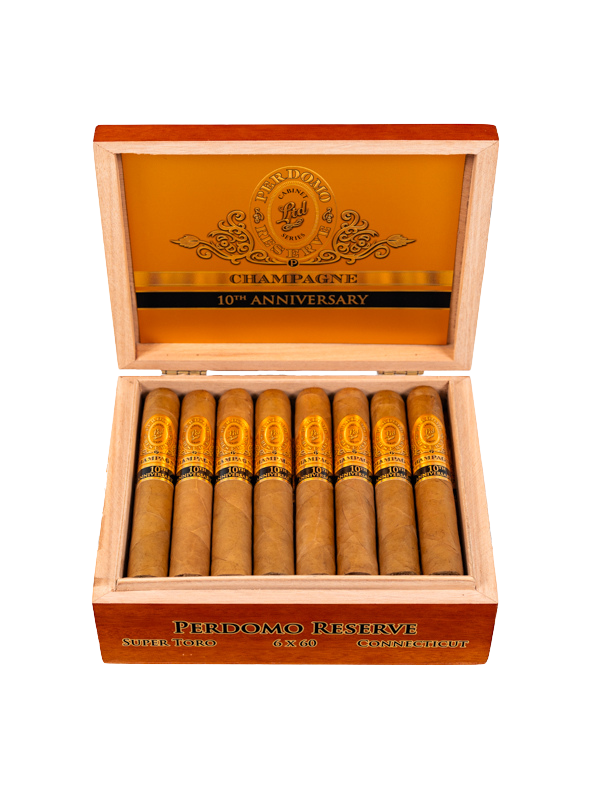 Open box of Perdomo Reserve cigars with ten cigars inside, labeled as 6 x 60 Super Toro, celebrating a 10th anniversary.