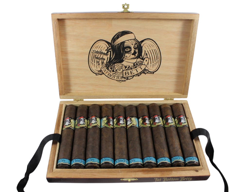 A wooden cigar box filled with ten cigars, each with colorful bands and dark brown wrappers. The inside of the lid features a tattoo-style skull with roses and banners, and the lid label reads "Fat Bottom Betty."