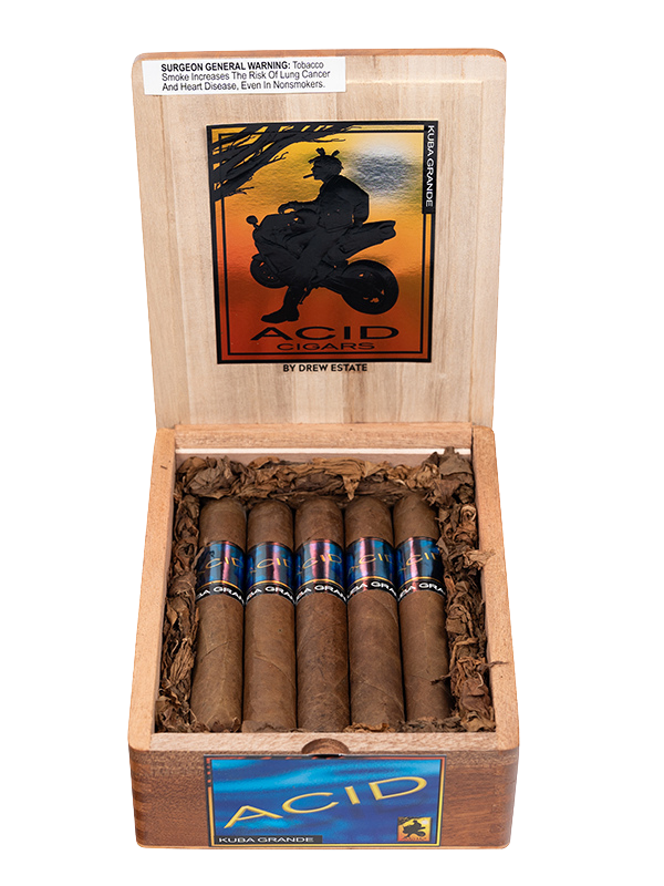 An open wooden box of cigars with a colorful label on each cigar, and a sticker on the inside lid warning about the health risks of tobacco.