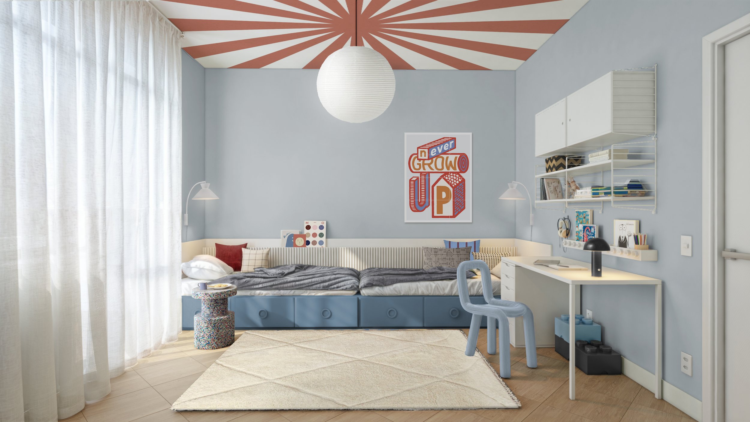 Camera condivisa per bambini con doppio letto, zona studio, styling blu e rosso e soffitto grafico a righe.