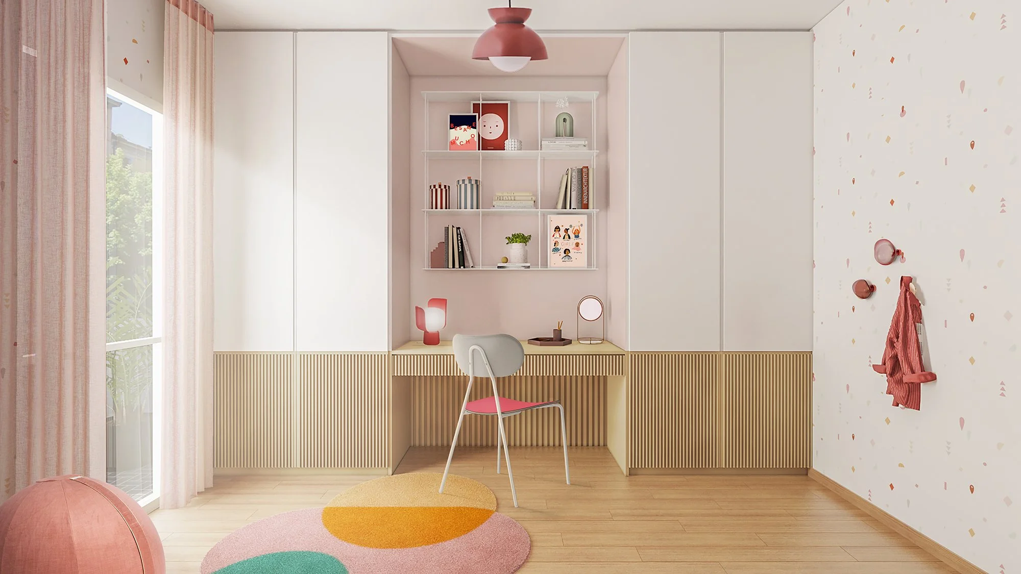 Camera teenager con scrivania integrata, libreria e contenitori su misura in tonalità rosa e legno.