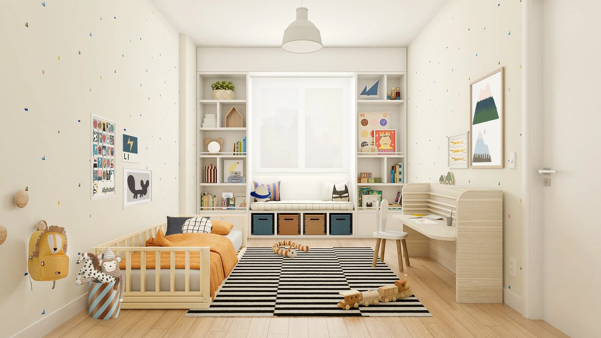 Camera per bambini con letto basso, libreria su misura intorno alla finestra, panca contenitore e scrivania in legno.
