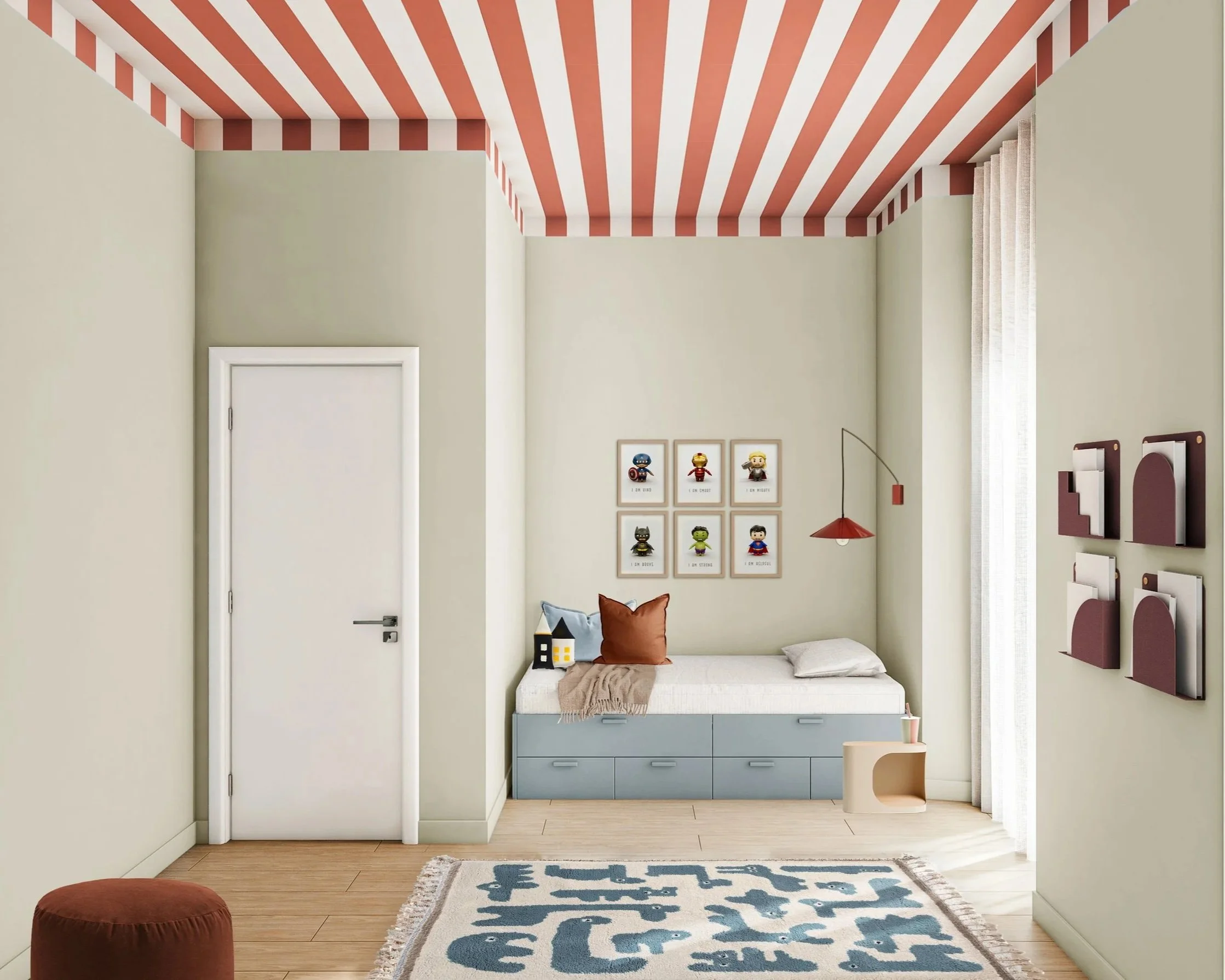 Vista della zona notte di una camera evolutiva con letto contenitore, parete decorata e soffitto a righe rosse e bianche.