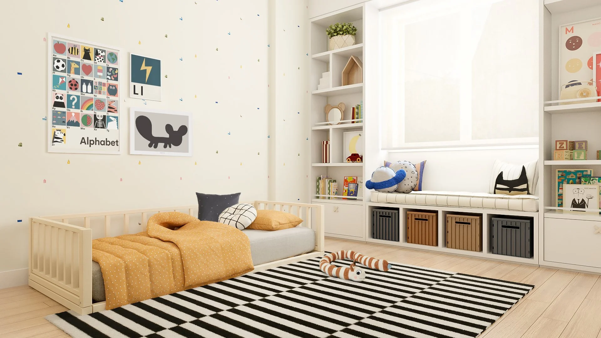Camera per bambini con letto basso, libreria su misura intorno alla finestra, panca contenitore e decorazioni grafiche a parete.