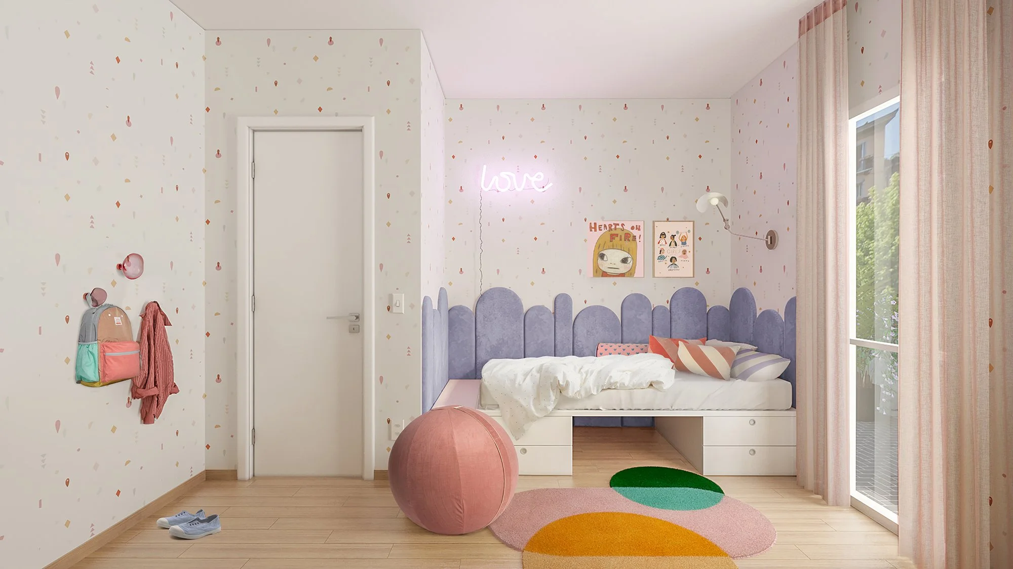 Camera teenager con letto contenitore, testiera imbottita sagomata, carta da parati e dettagli rosa e lilla.
