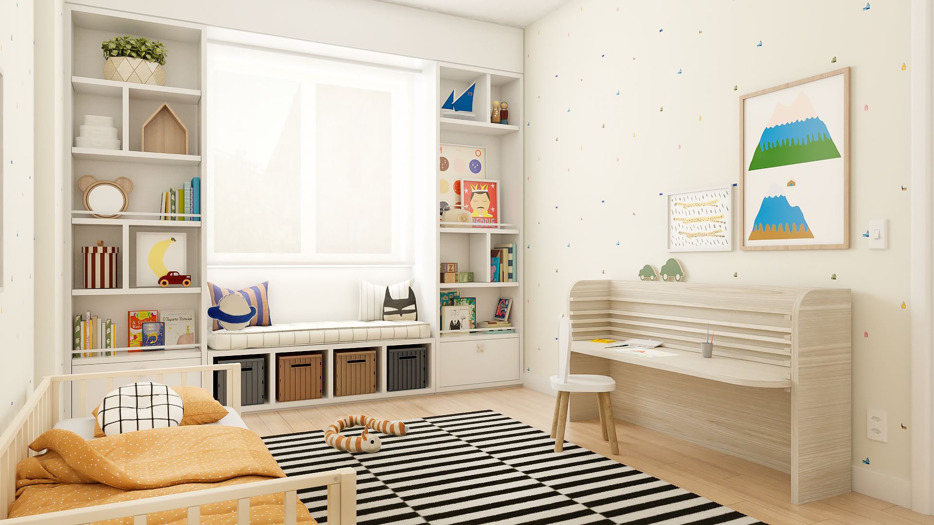 Camera per bambini con panca contenitore sotto la finestra, librerie laterali e scrivania in legno su misura.