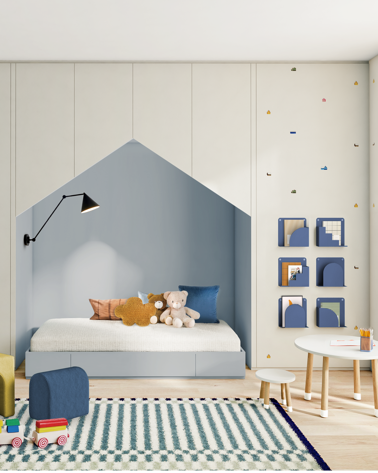 Camera per bambini con letto inserito in una nicchia a forma di casetta, armadiatura su misura e zona gioco luminosa.