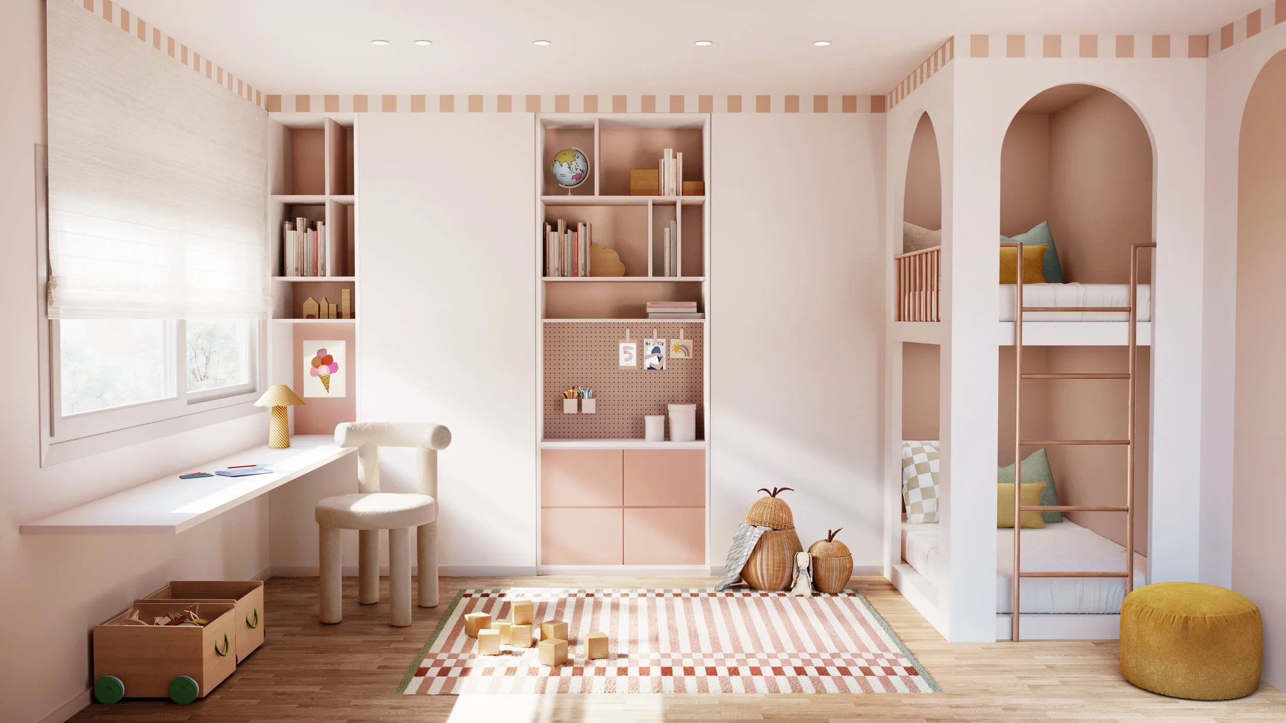 Camera condivisa per bambini con letto a castello ad arco, scrivania sotto la finestra e armadiatura su misura rosa.