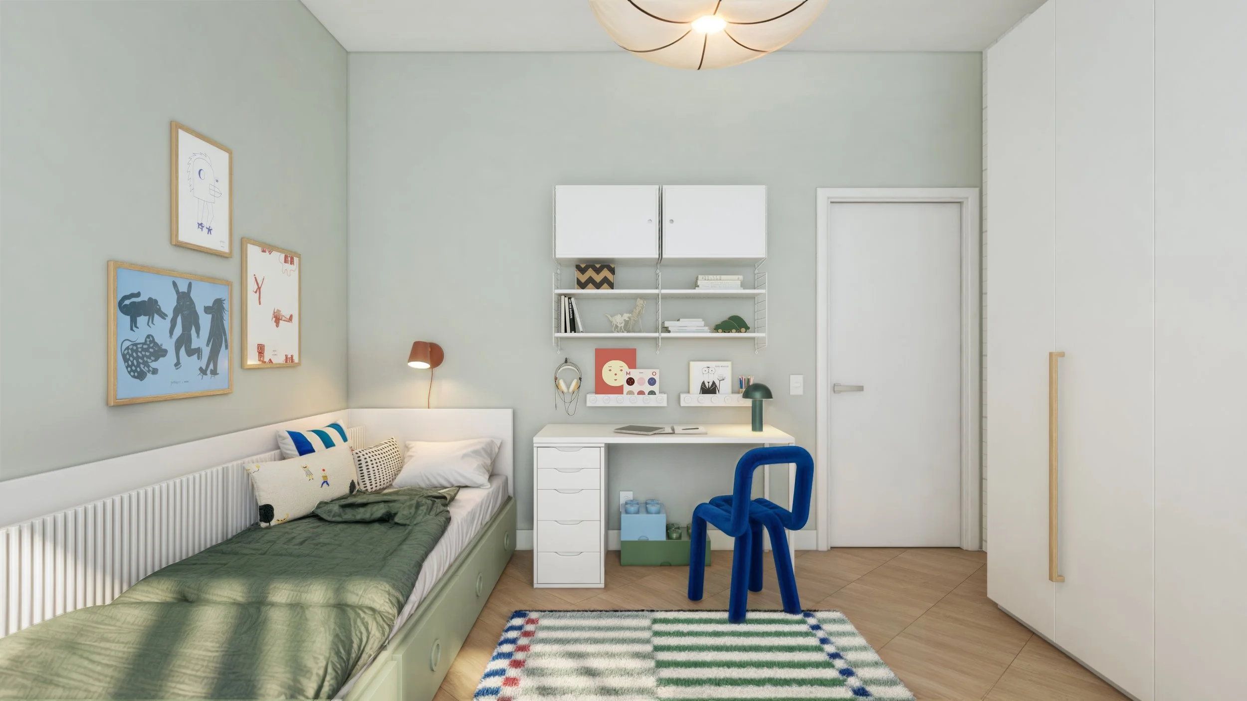 Vista della zona studio della camera condivisa con scrivania, mensole, contenitori e letto laterale.