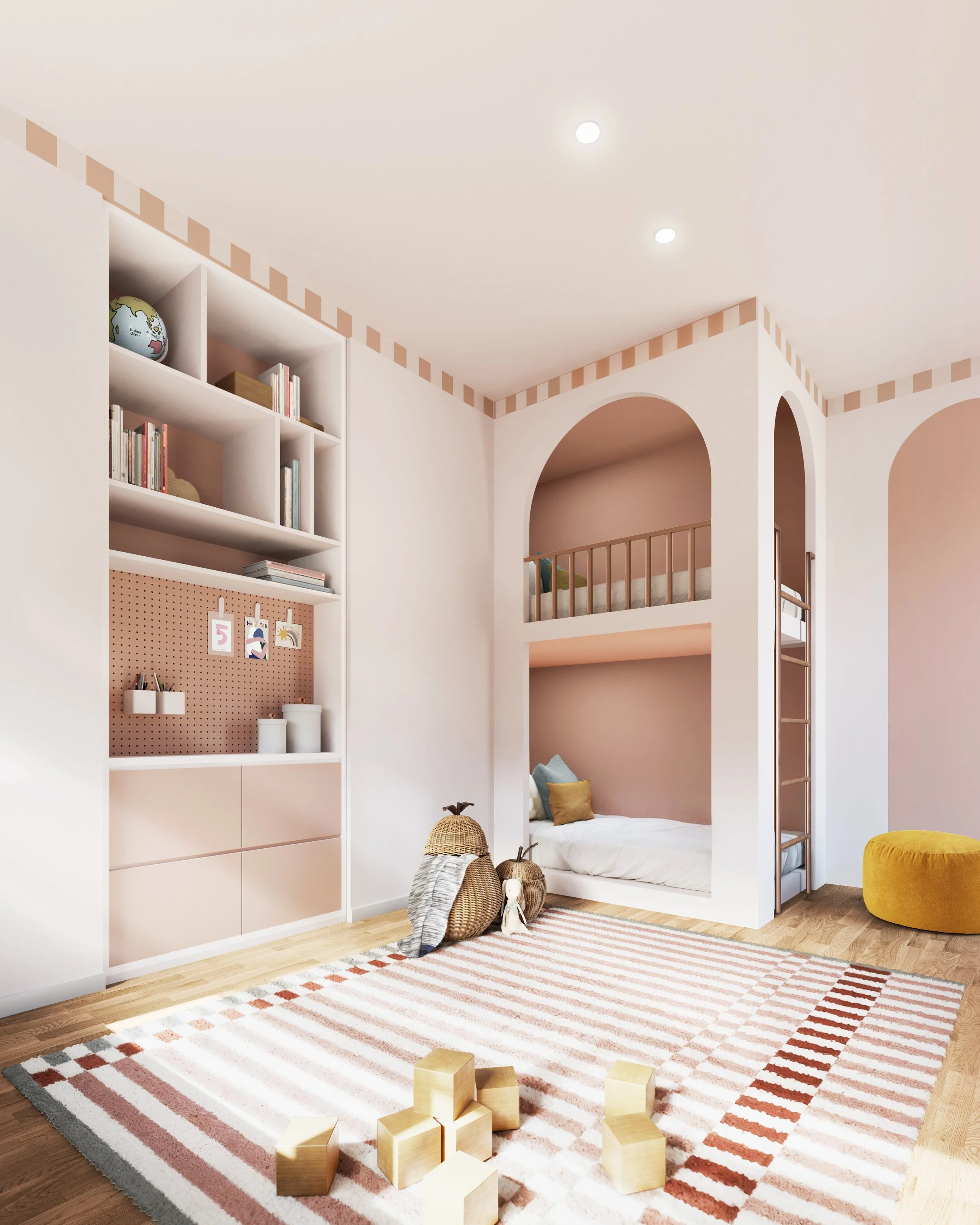 Camera per bambini con letto a castello inserito in nicchie ad arco, libreria con pegboard e contenitori su misura.