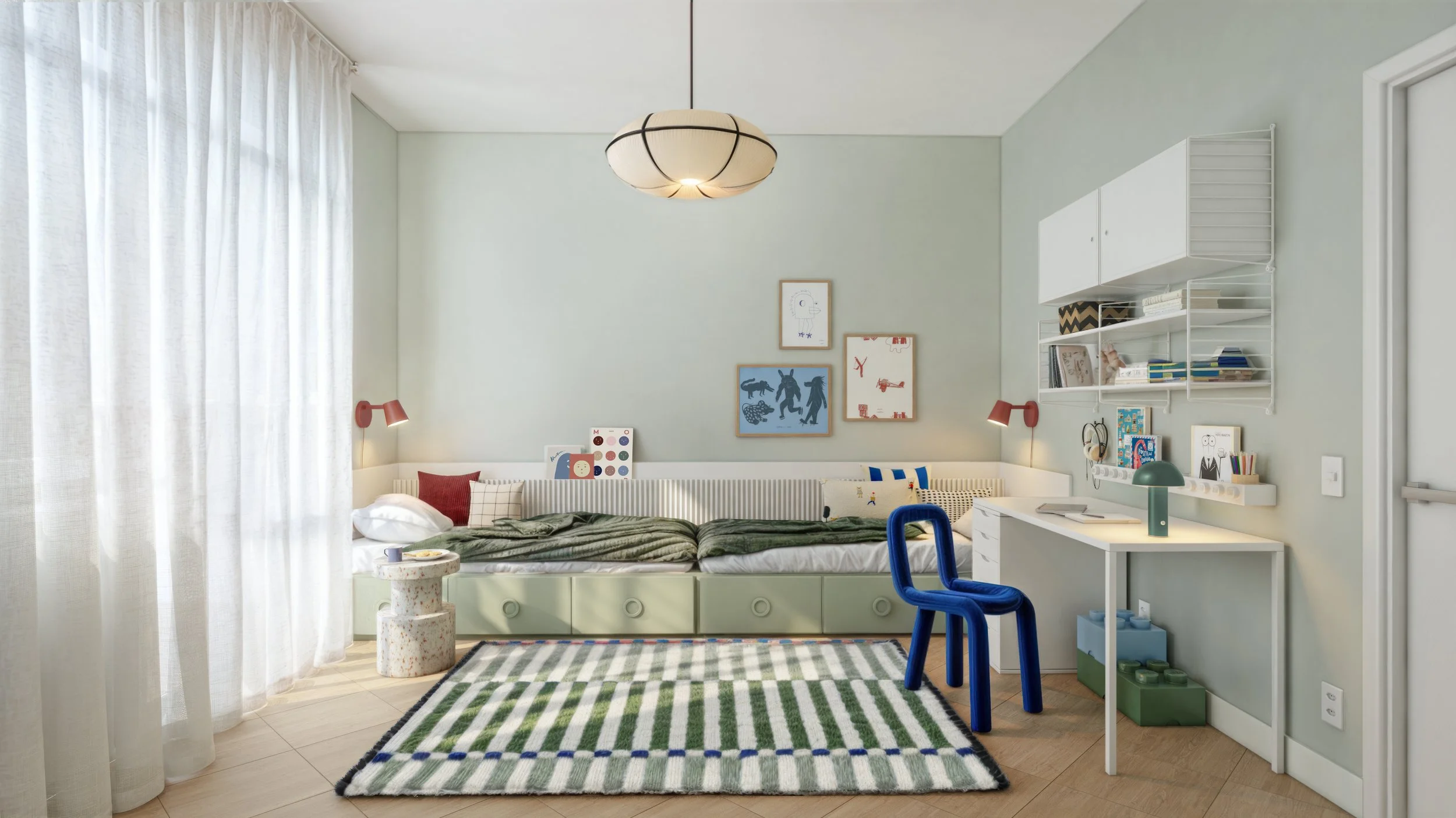 Camera condivisa per bambini con due letti, zona studio, contenimento su misura e palette verde e blu.