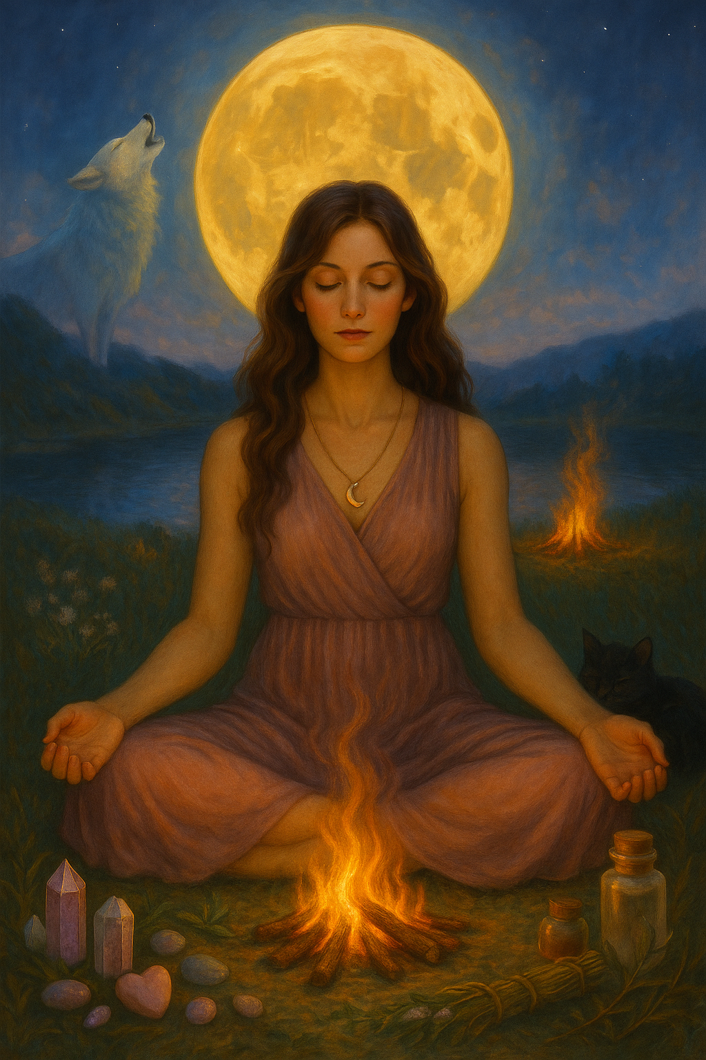 A young woman with long, wavy hair sitting cross-legged by a campfire, with closed eyes and a peaceful expression, wearing a pink dress and a moon necklace, with a large full moon, howling wolf, and a wolf silhouette in the background, along with crystals, stones, herbs, and a black cat nearby.