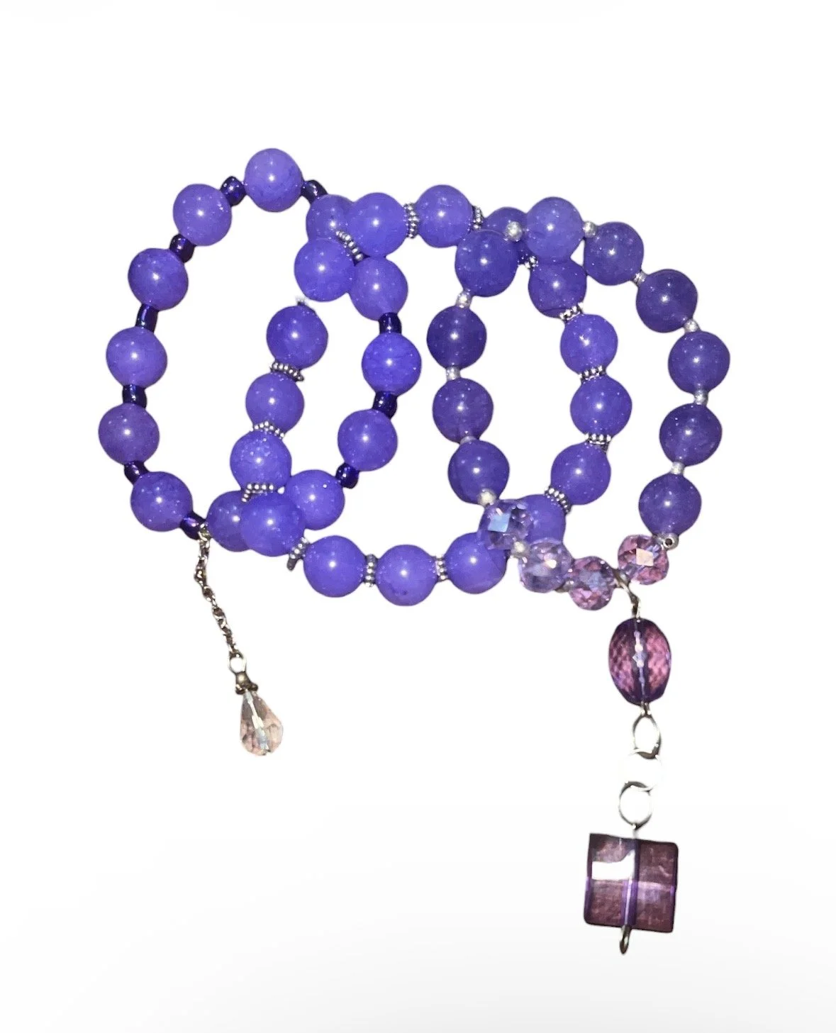 Handmade Amethyst Purple Jade Beaded Strand Necklace Set with Charms