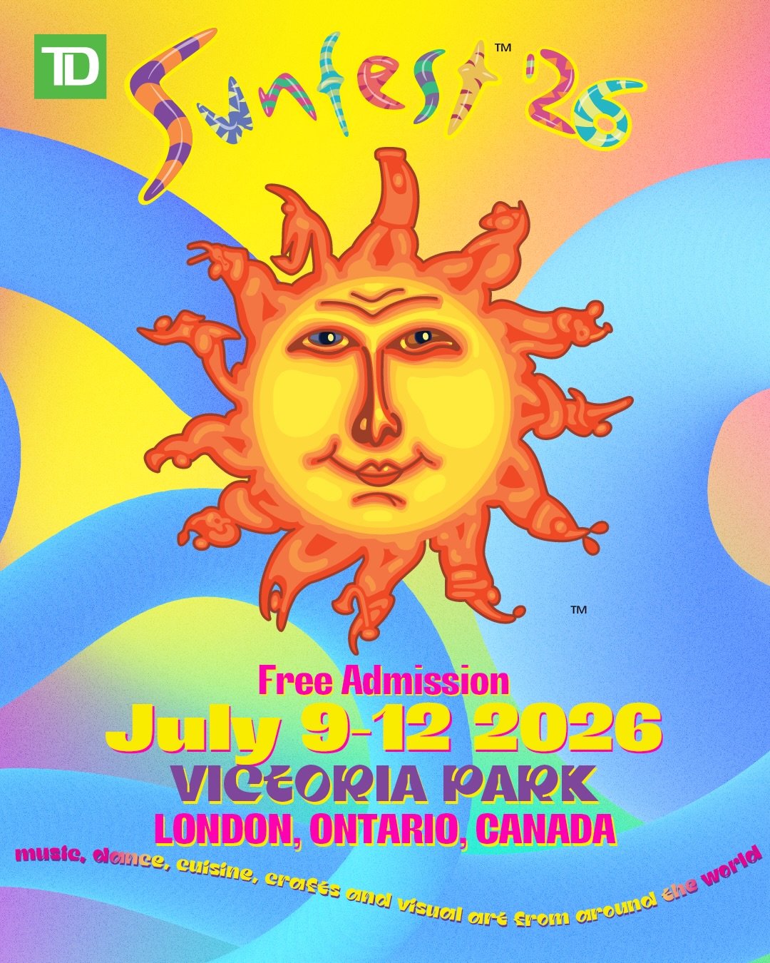 🎉🎵 TD Sunfest &lsquo;26 is back for its 32nd edition! 
July 9&ndash;12, 2026, at Victoria Park in London, Ontario, Canada.

Get ready for four unforgettable days where world-class music, vibrant culture, and incredible cuisine🌍🎶

This year we&rsq