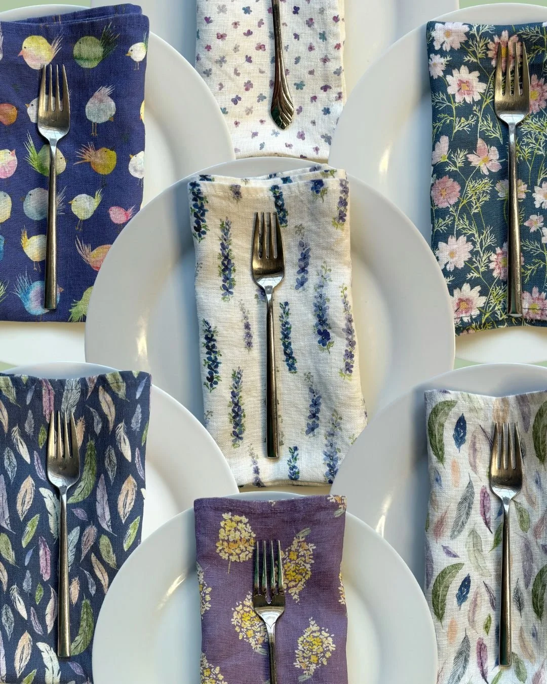 Gather beautifully—with our new European linen napkins! 
Woven from 100% natural fibers and adorned with Monica's original watercolor florals, feathers and whimsical Floofy Birds.
Soft, sustainable, and made to last through countless shared m