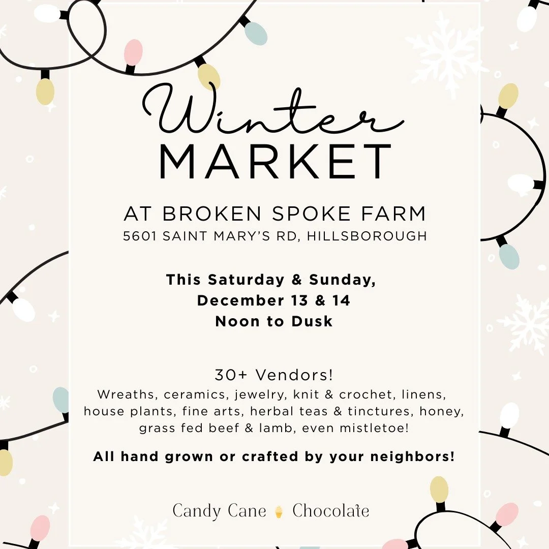 I'm so excited to be at the Winter Market at Broken Spoke Farm this weekend! This is my last in person event of 2025 and I hope you can make it! They will have candycane and chocolate softserve, 30+ vendors and lots of joyful community. 

Noon to dus