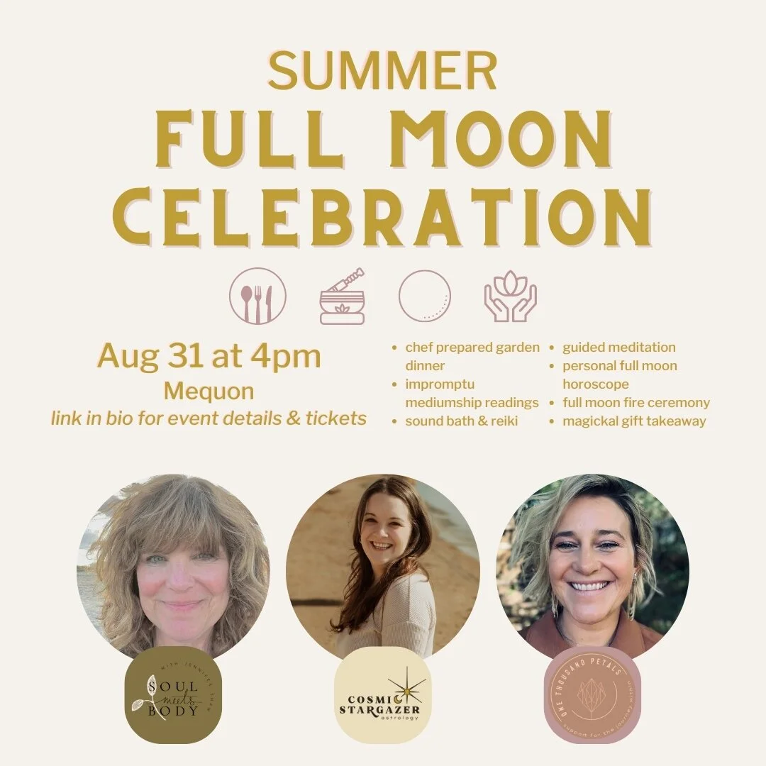 Summer is busy so we're putting this on the calendar now. You should too!⁠
⁠
Join @soulmeetsbody.co @one.thousandpetals &amp; me for a Pisces full moon celebration at the end of August!⁠
⁠
Gourmet dinner, guided meditation, sound healing, ear seeding
