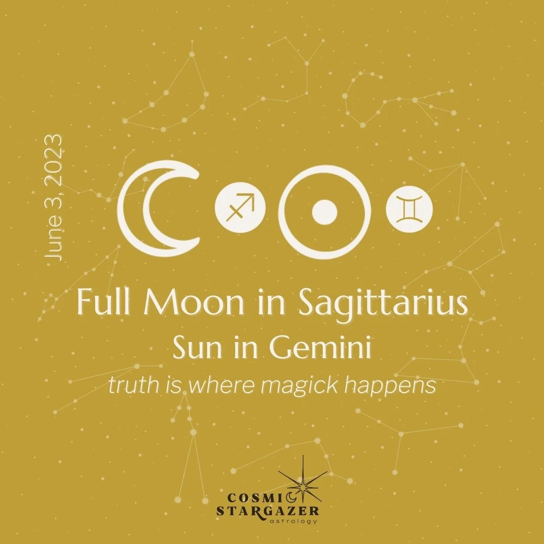This weekend, an airy Gemini Sun is sitting across the Cosmic table from a fiery Sagittarius Full Moon. With these clever, communicative signs, truth is where magick happens!⁠
⁠
Whatever needs to come out or is being realized is likely to be blunt, m