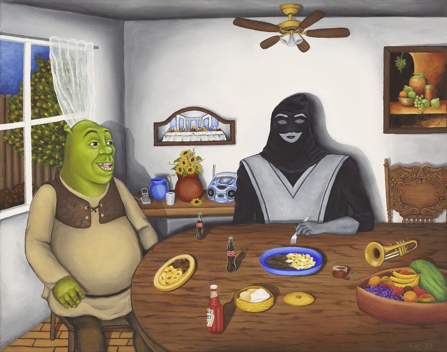 Saturday 2003- Shrek and El Chacal Having Breakfast
22”x 28” 
Oil on canvas 2023
(NFS)
