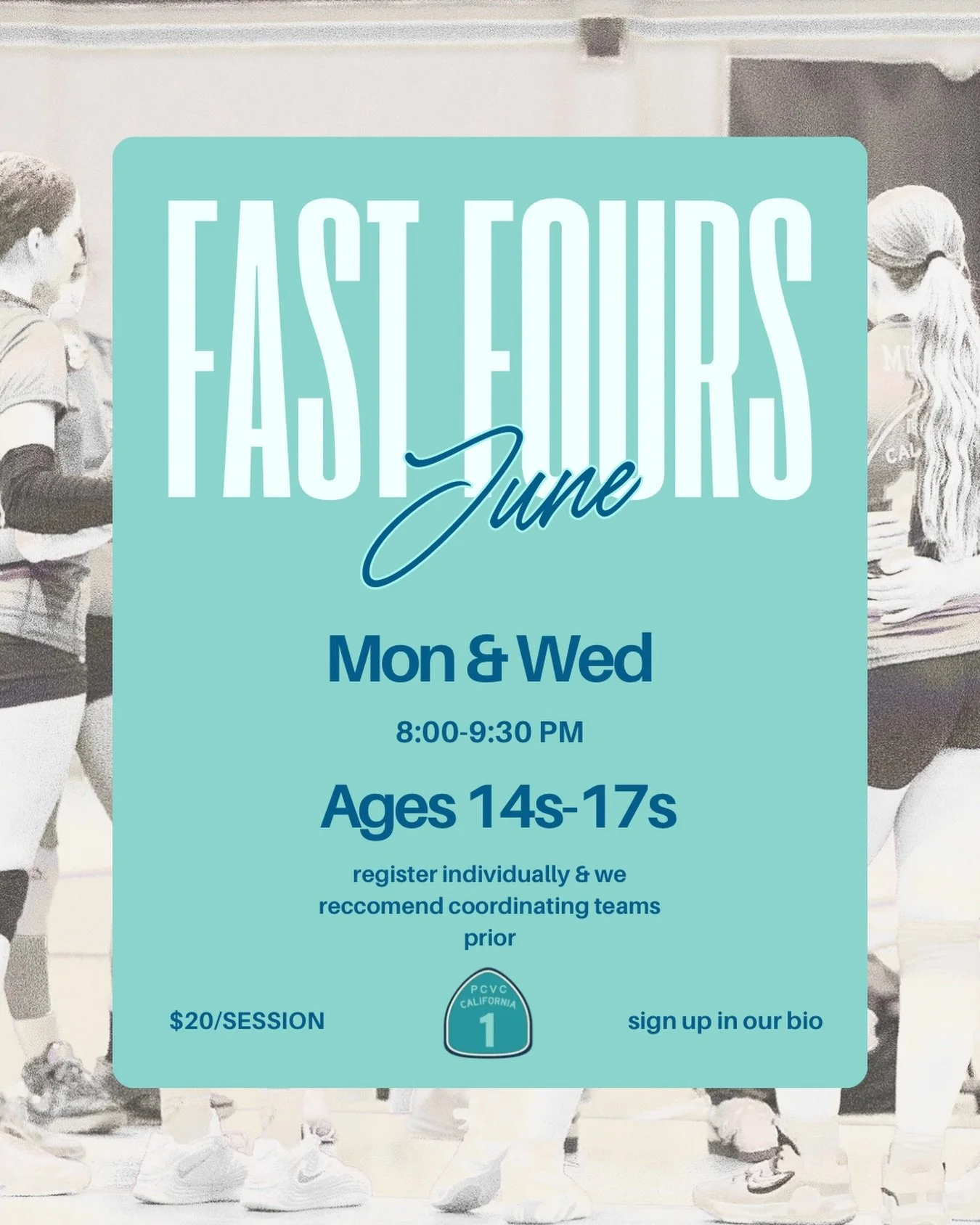 🚨FAST FOURS START TOMORROW🚨

Fast Fours runs throughout the month of June. Come on out for a fun, fast paced way to maximize touches and competition. These quick mini gams are played with 4 athletes on each side of the court allowing for more oppor