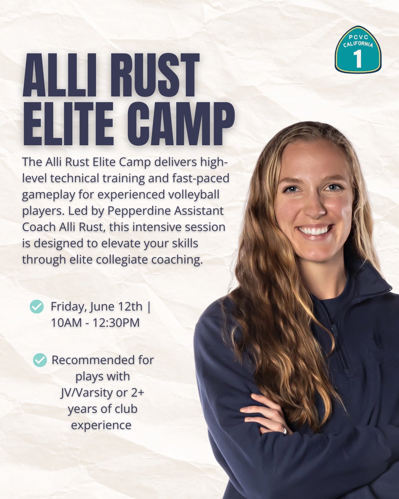 🚨INTRODUCING THE ALLI RUST ELITE CAMP🚨

The Alli Rust Elite Camp delivers high-level technical training and fast-paced gameplay for experienced volleyball players. Learn directly from Pepperdine Assistant Coach Alli Rust in an intensive session des