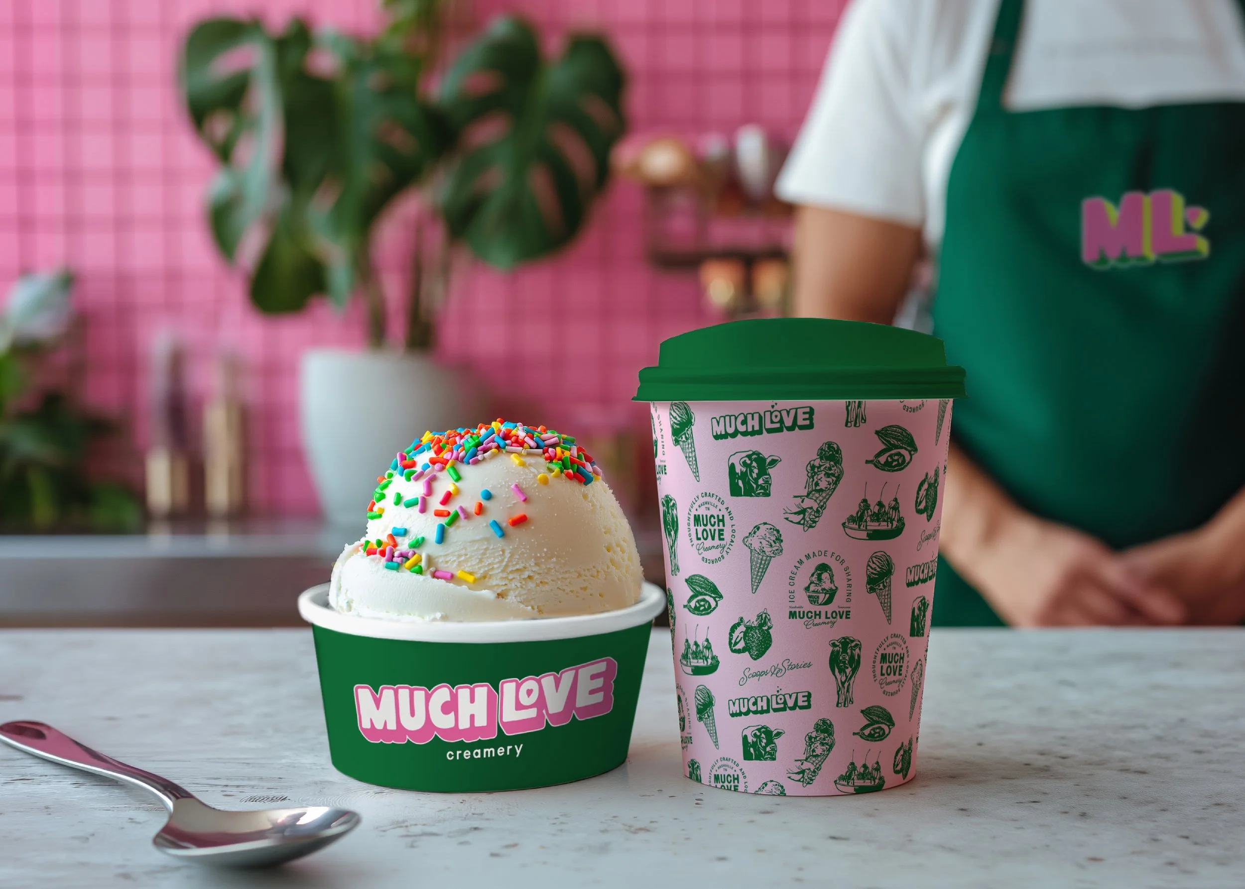 Ice cream shop Much Love Creamery visual identity design shop branded materials
