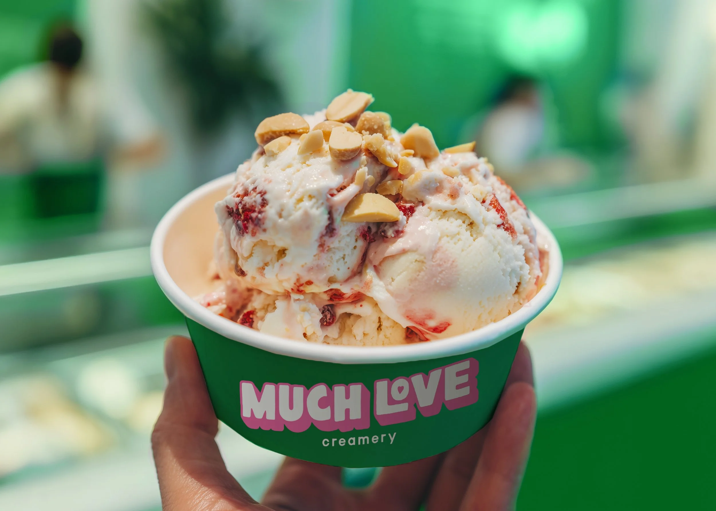 Ice cream shop Much Love Creamery visual identity design + ice cream to-go dish