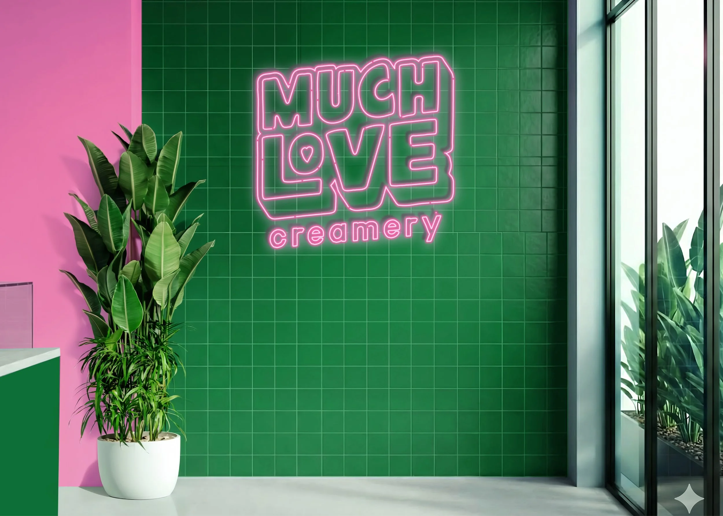 Ice cream shop Much Love Creamery visual identity design + shop neon sign