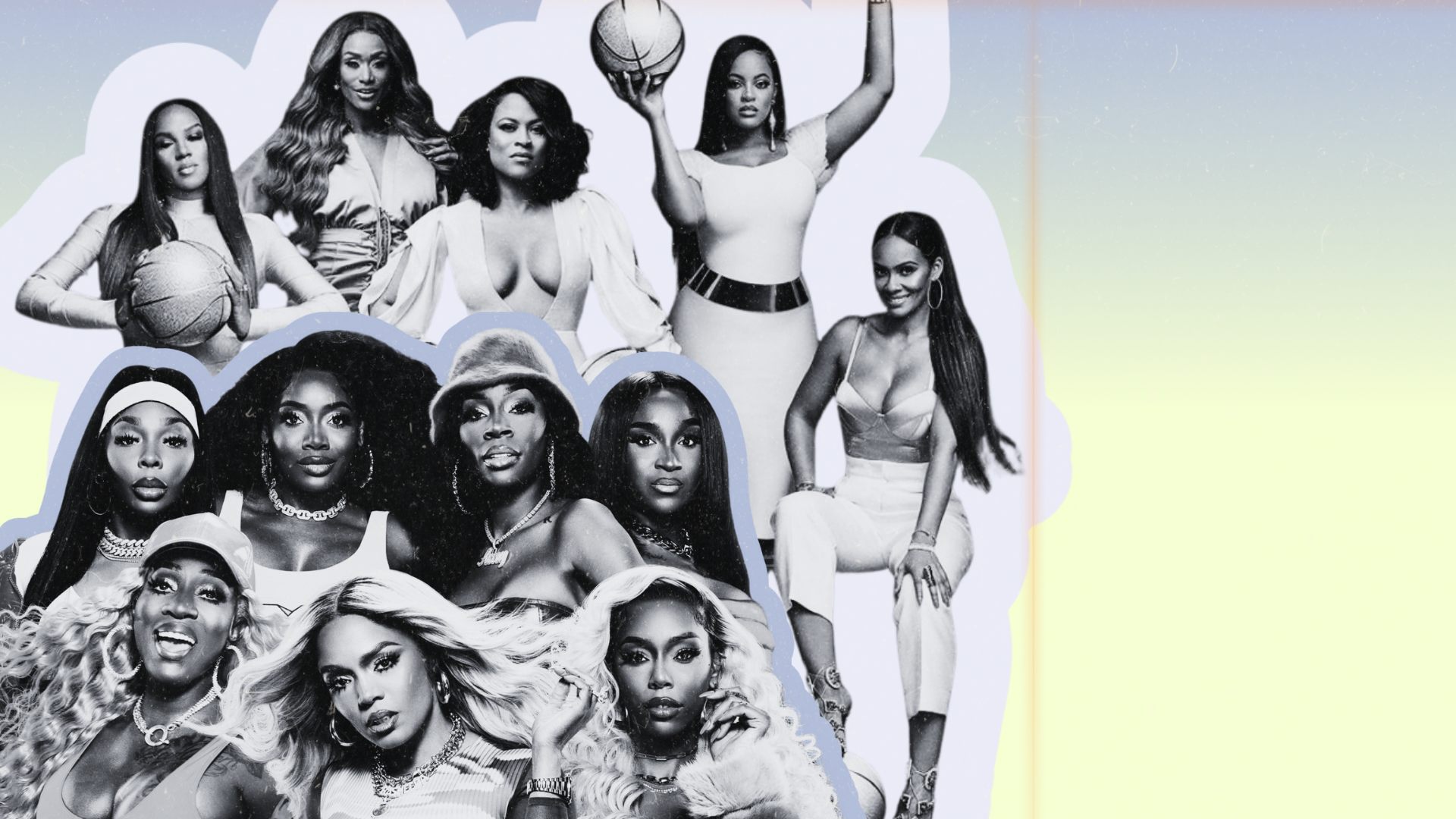 Collage of Black women (casts of Basketball Wives and Love and Hip Hop Atlanta) with various hairstyles and outfits, some holding basketballs, and some wearing hats or jewelry, with a pastel rainbow background.