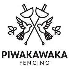 Logo for Piwakawa Fencing featuring two crossed fencing foils with wings and a heart, with the text 'PIWAKAWA FENCING' below.