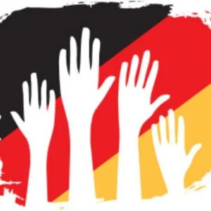 Four white raised hands of different sizes with a black, red, and yellow striped background, symbolizing a call for help or participation.