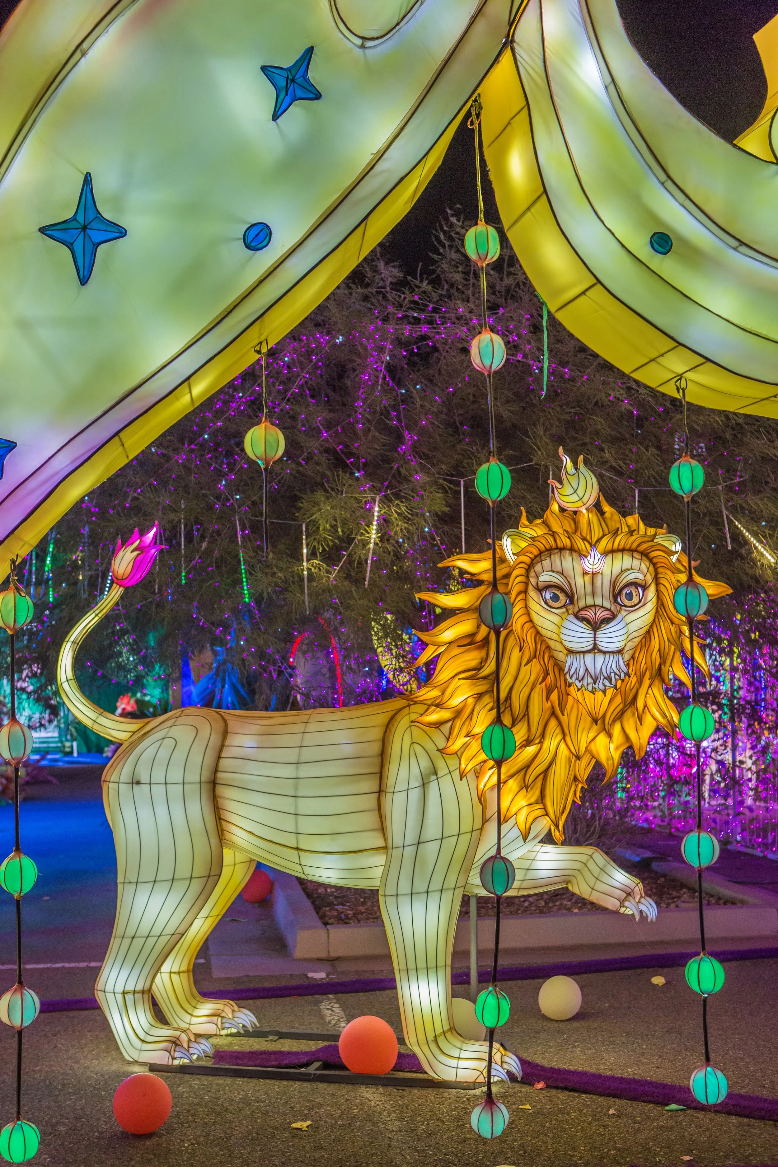  illuminated festive lantern sculpture of a lion with a flowing mane and a wise expression, surrounded by hanging lanterns and vibrant colorful lights at night.