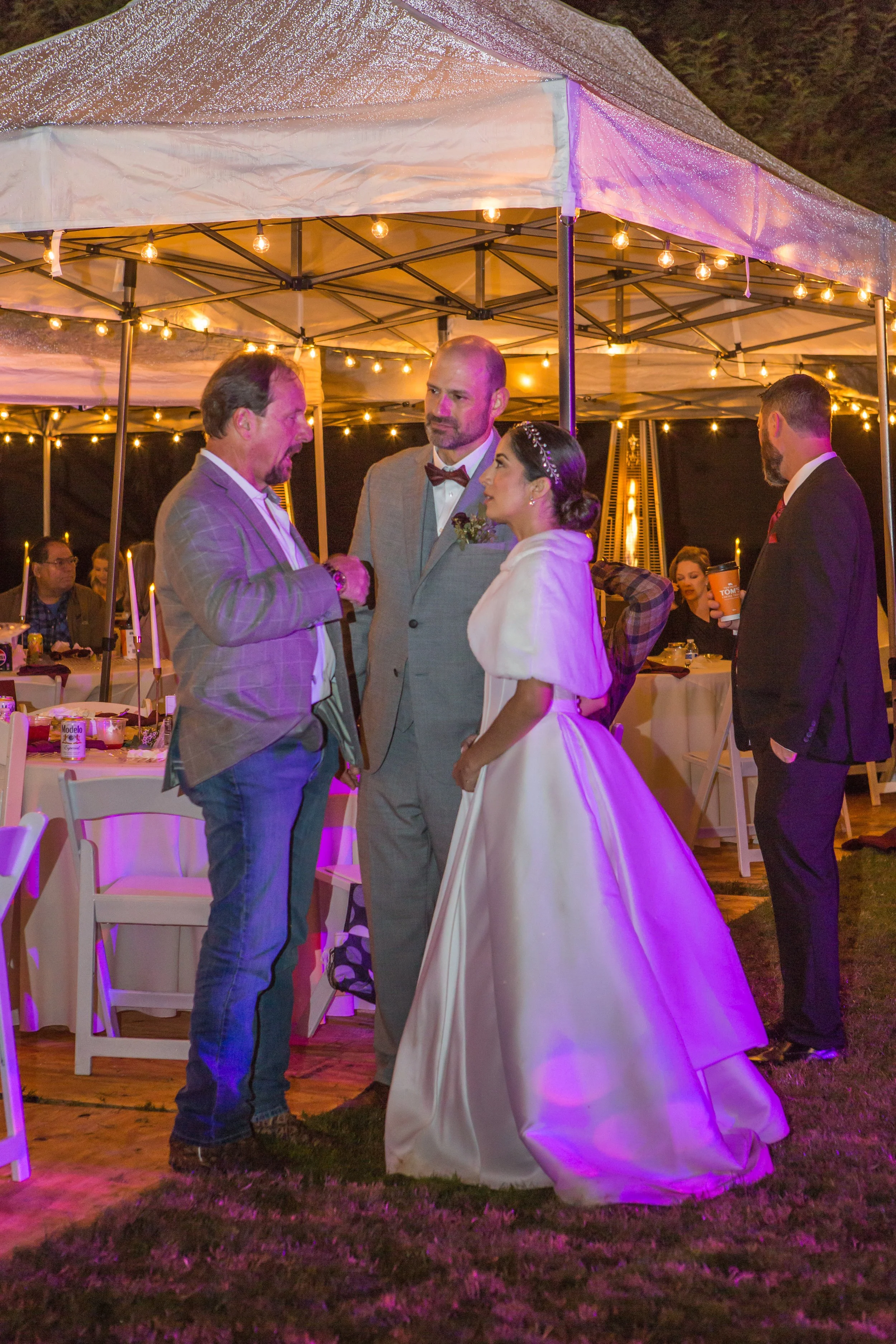 Bride and groom at wedding reception talking with two men under a canopy decorated with string lights at night.