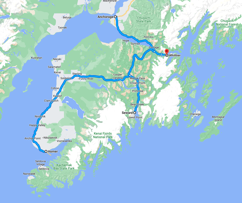 Anchorage -> Homer -> Seward -> Whittier -> Anchorage