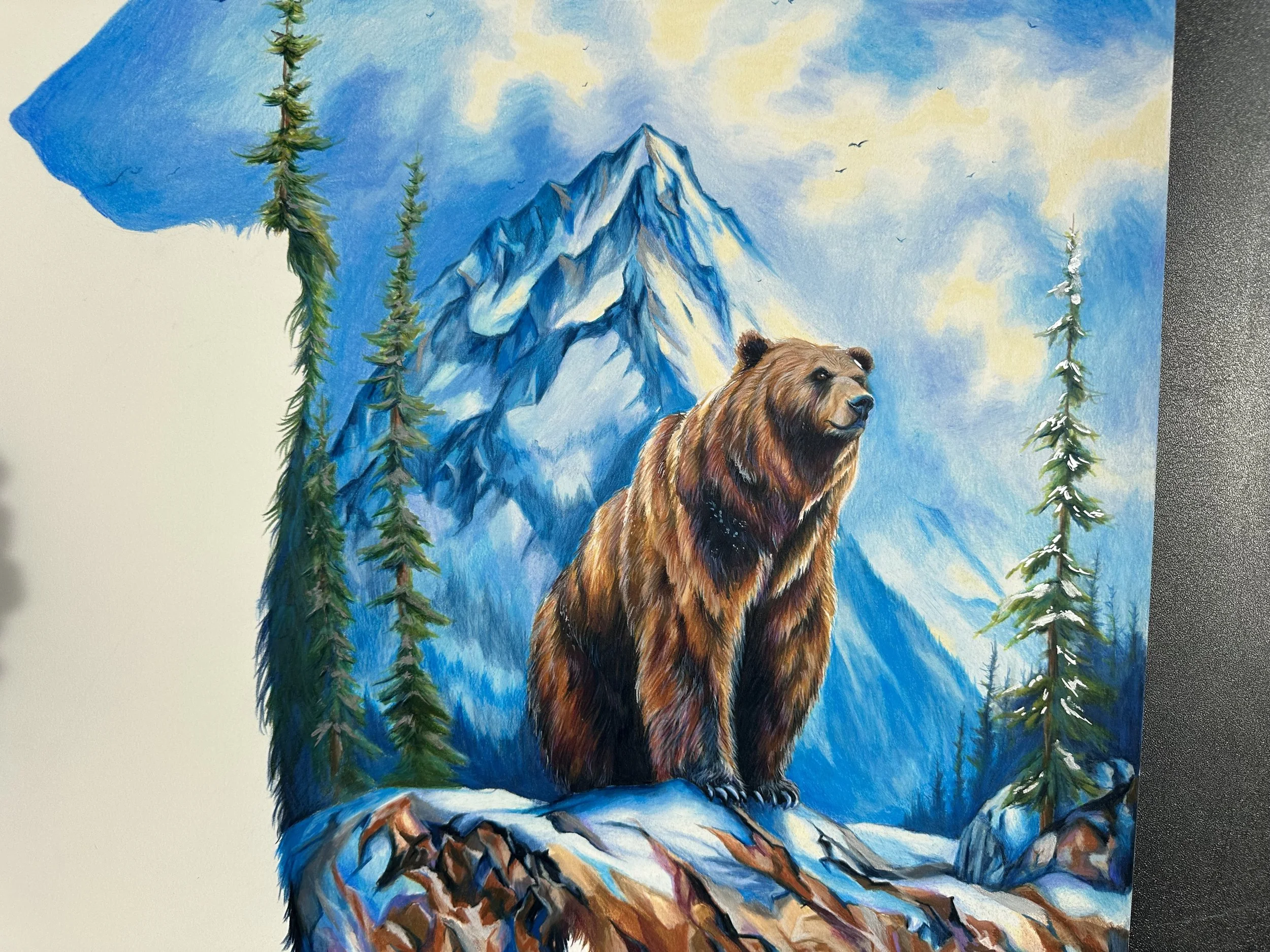 Brown bear fine art drawing sitting on a mountain