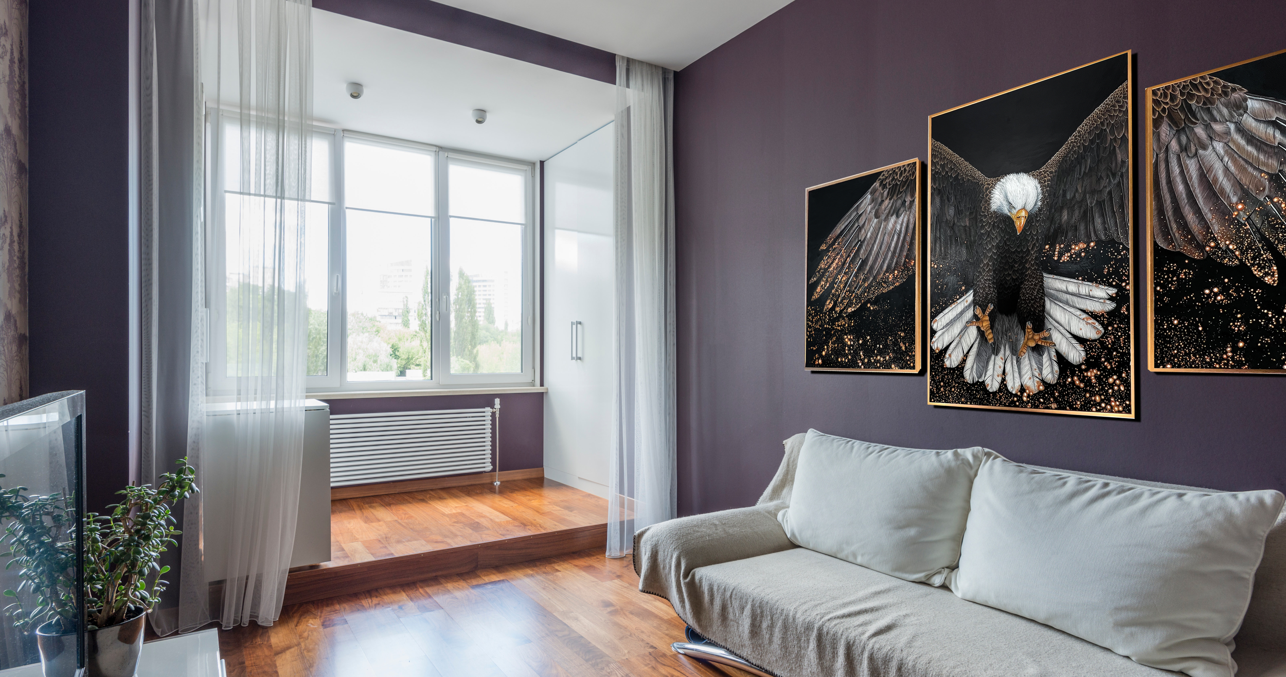 eagle hanging above couch in modern living room.png