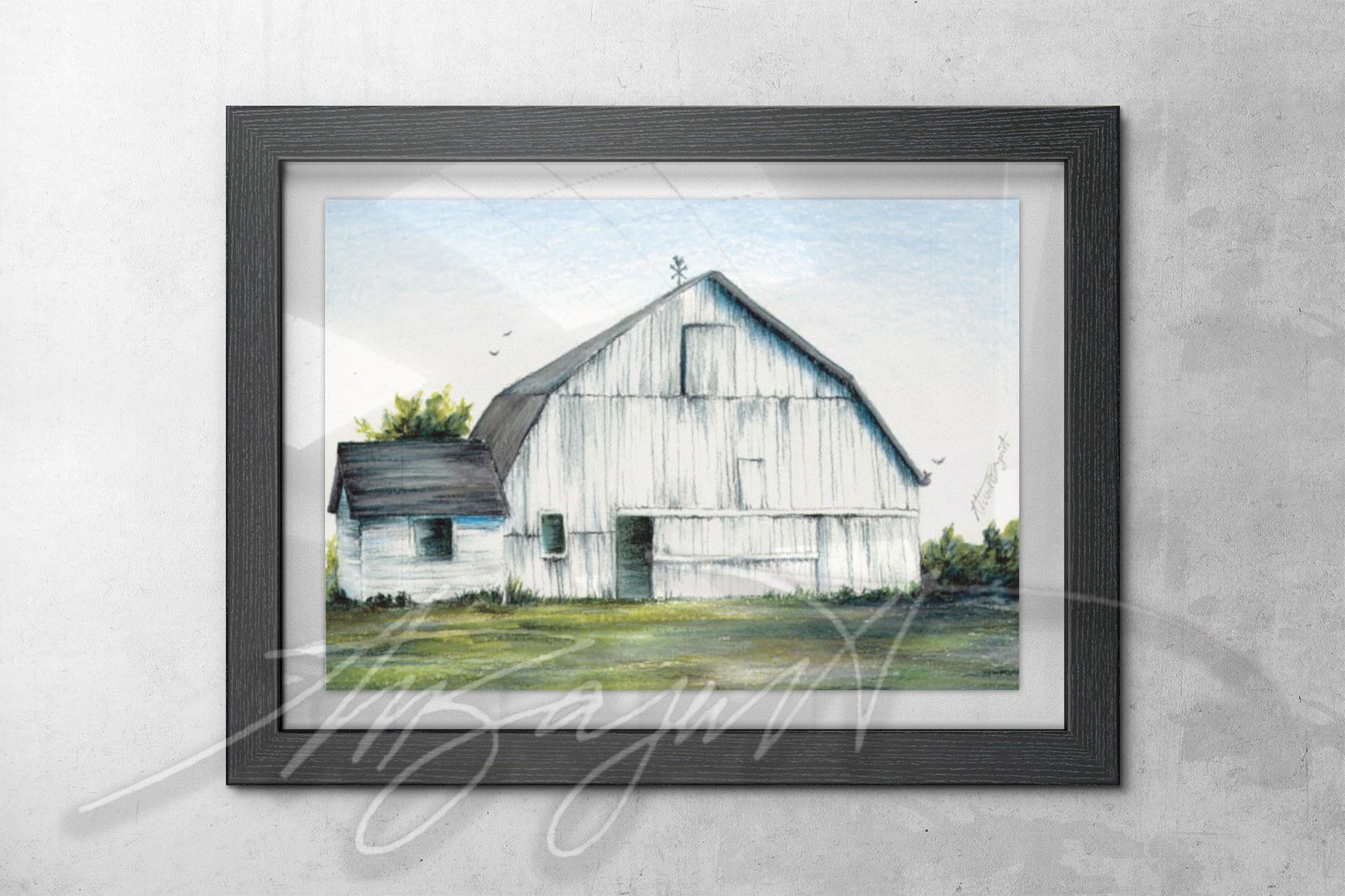 white barn fine pencil art in black frame
