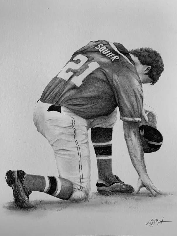 charcoal drawing of a baseball player man kneeling in prayer