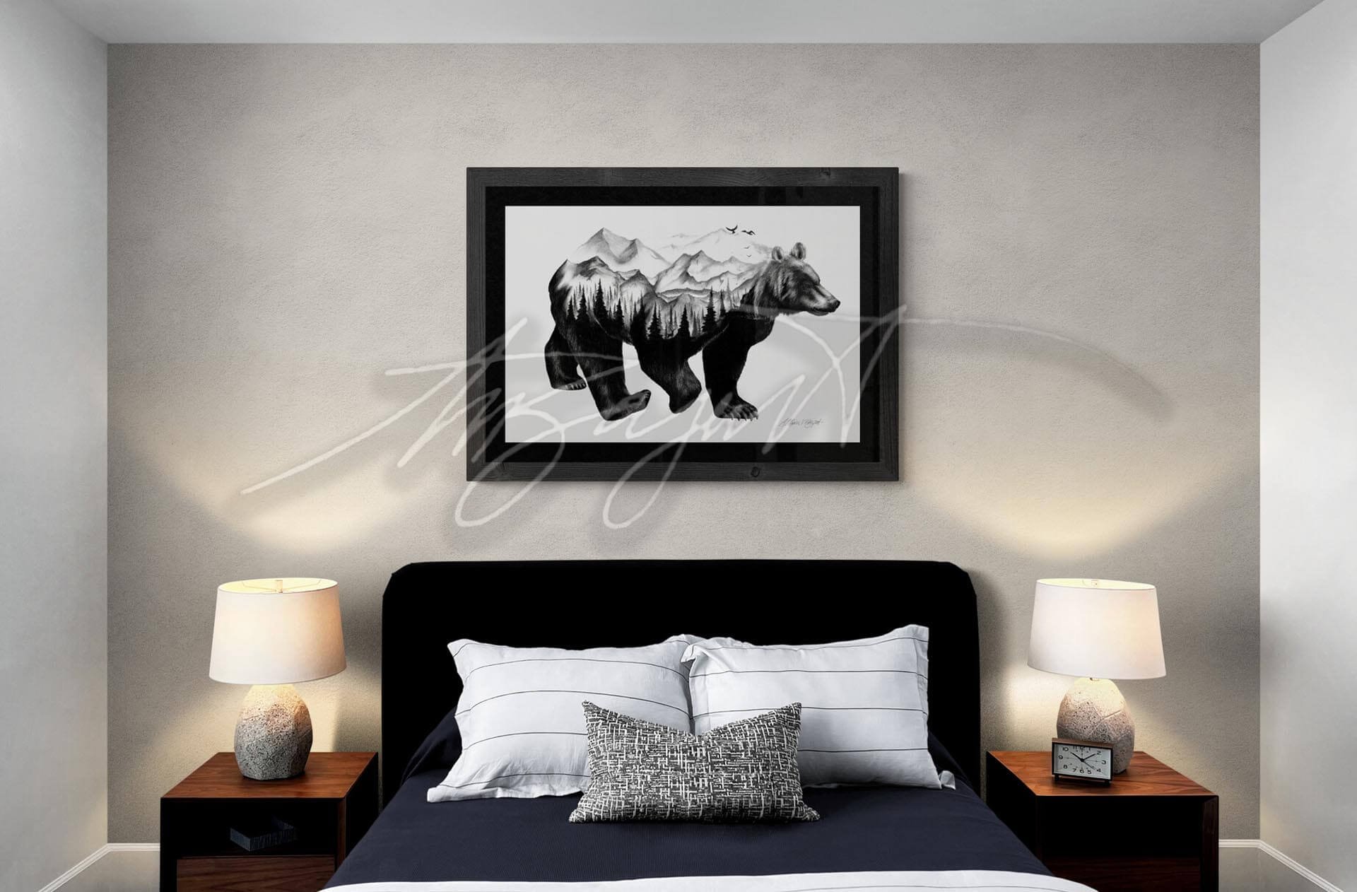 black bear fine art print drawing in frame over bed