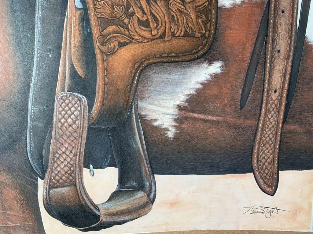 horse and saddle drawing closeup of stirrup