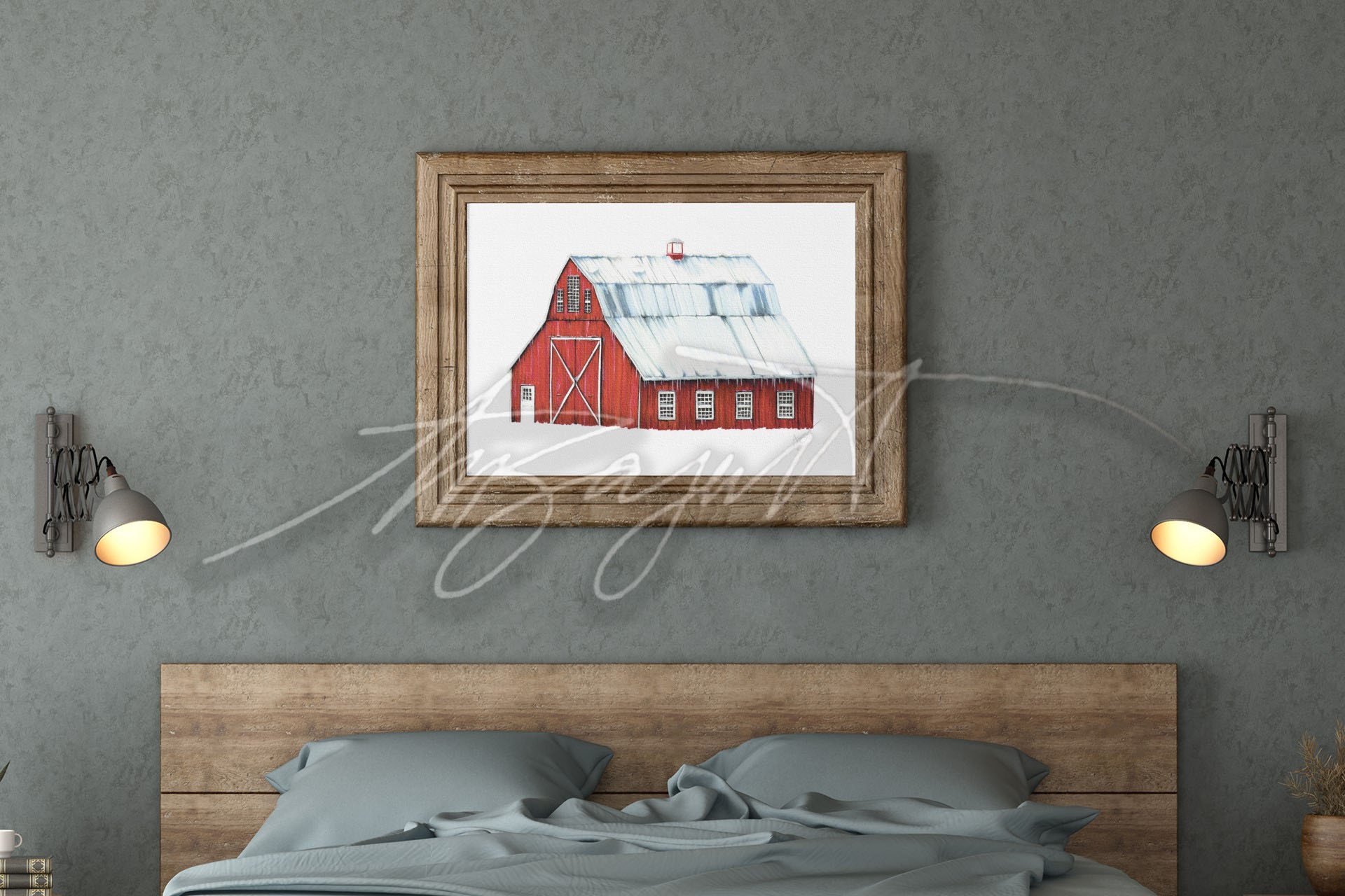 red barn fine art drawing in frame over bed