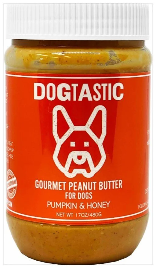 Dog Treats and Enrichment, Dogtastic Gourmet Peanut Butter for Dogs, Pumpkin and Honey, contains NO XYLITOL