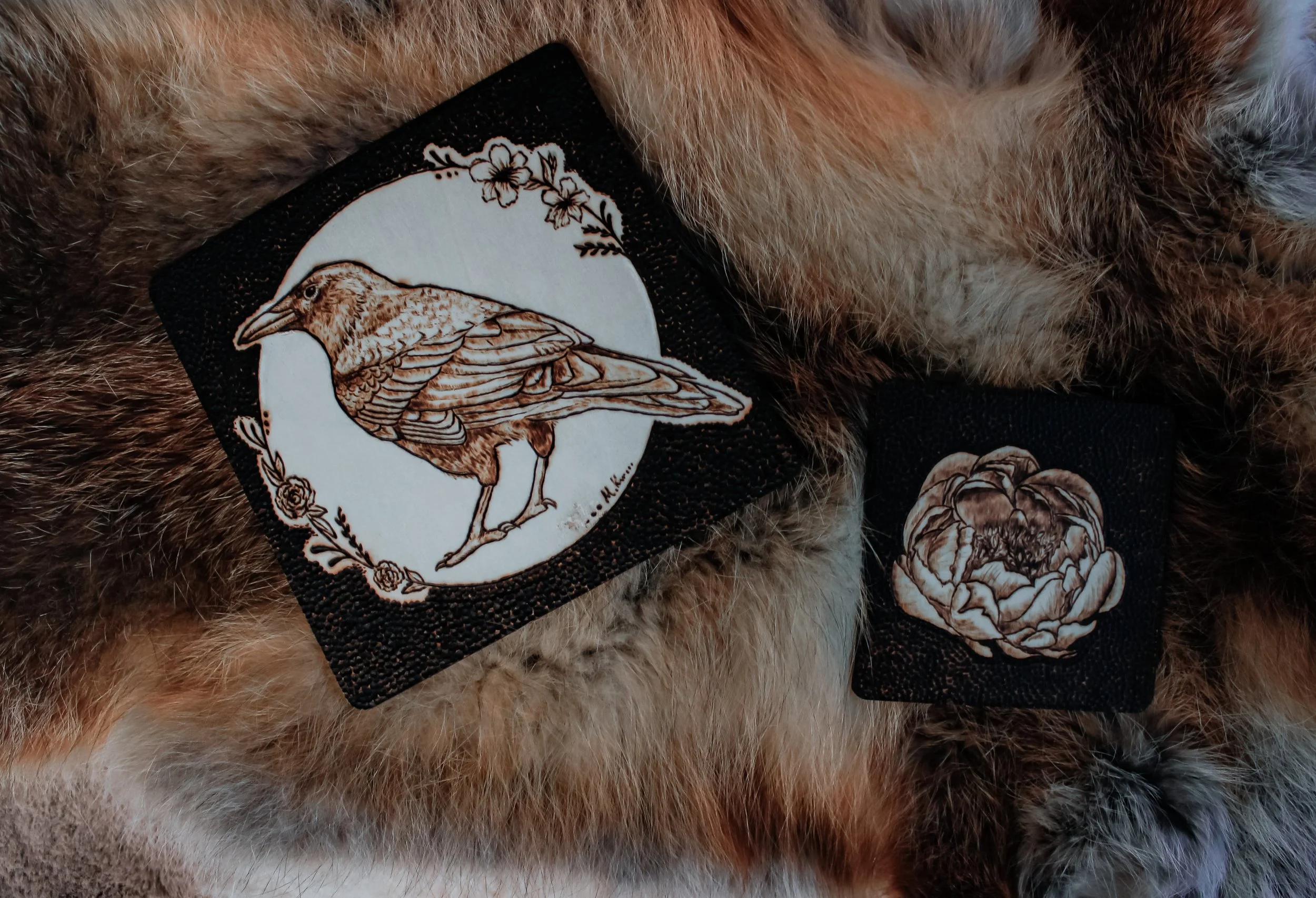 Rabe & Pfingstrose ~ Brandmalereien