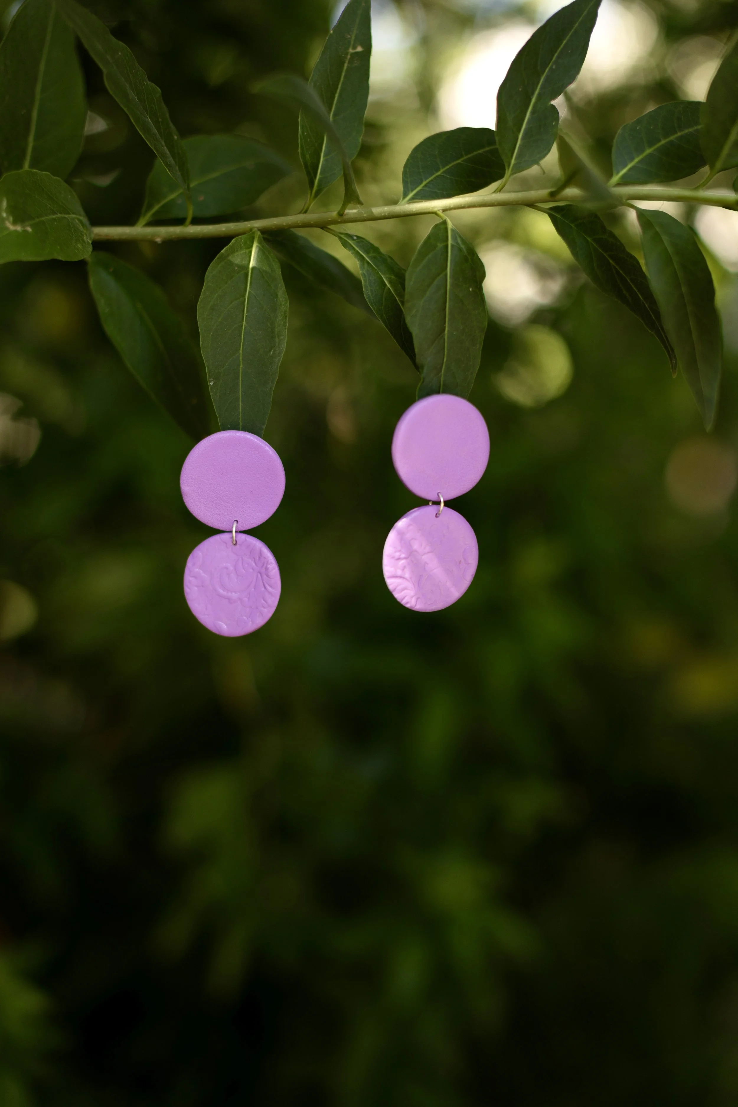 Purple earrings hanging from a green leafy branch in natural daylight.