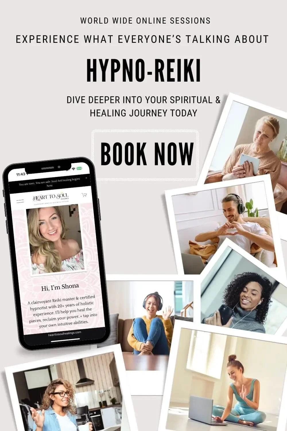 "book now" hypno-reiki ad: collection of photos of people on computers, phones, iPads having remote healing session