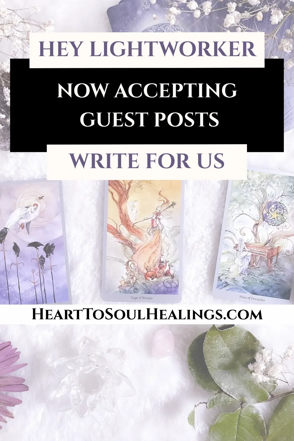 write for us- guest post over tarot cards with flowers and crystals