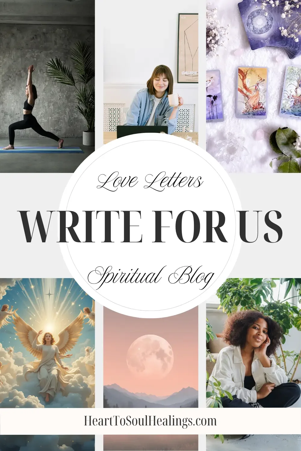 collage of angels, tarot cards, full moon, yoga, spiritual women and the words write for us