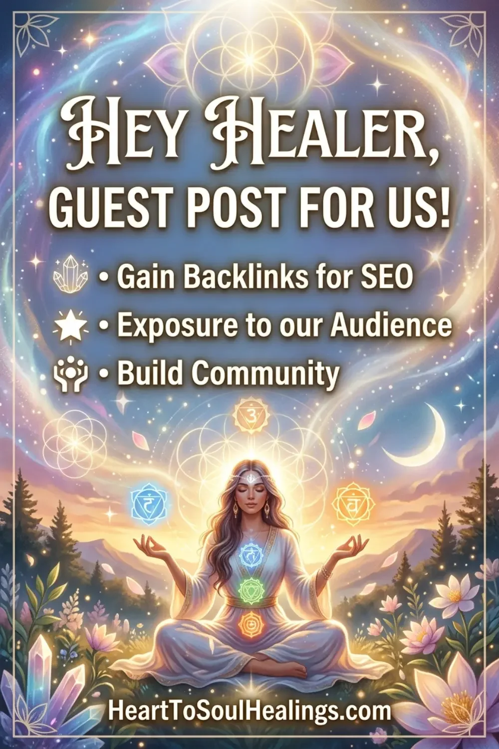 ai image of a woman cross legged hands in a mudra with chakras glowing and energy around in nature - words: Hey healer, guest post for us! gain backlinks for SEO, exposure to our audience, build community
