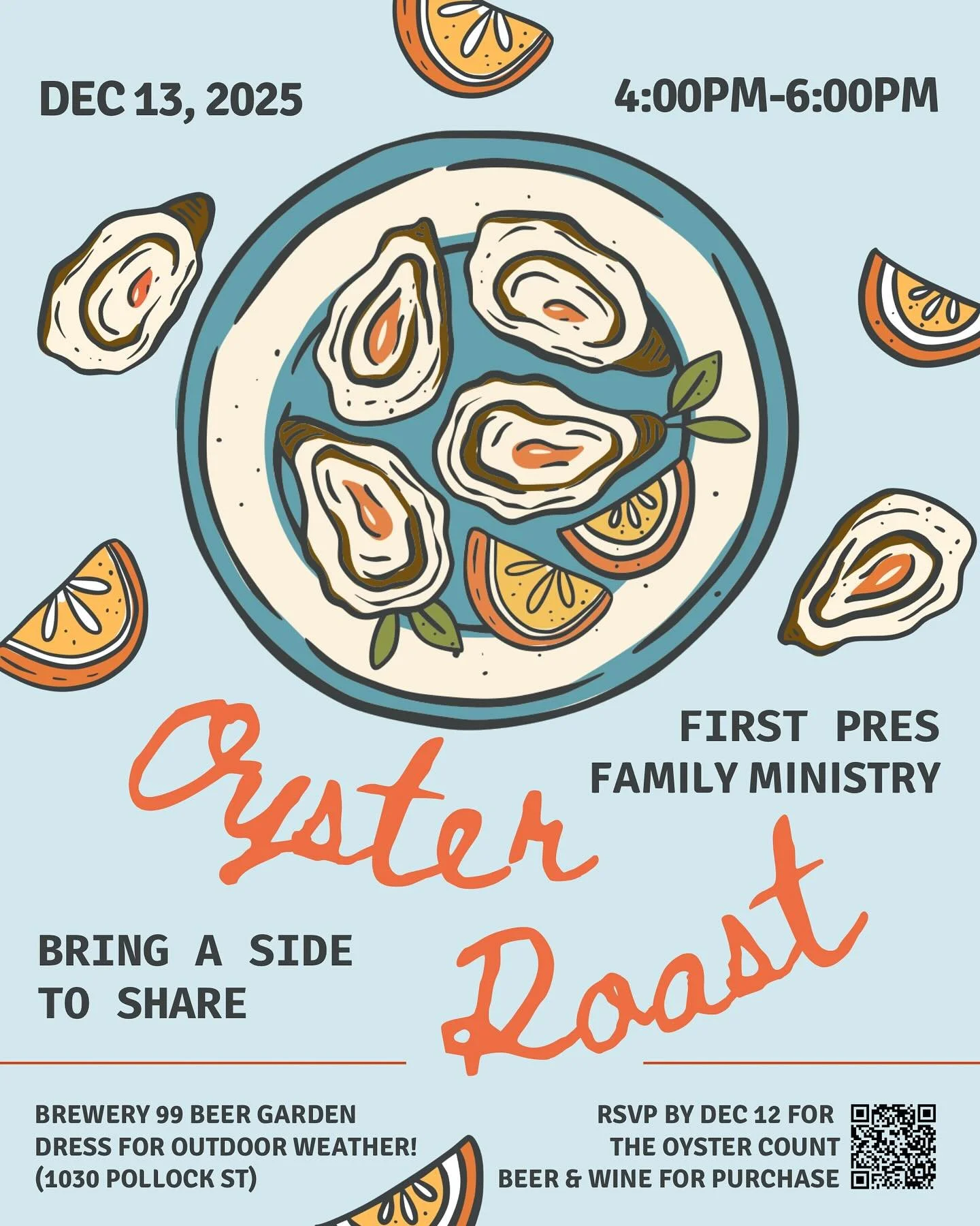 The Family Ministry Oyster Roast is December 13 from 4:00&ndash;6:00pm at Brewery 99 (1030 Pollock St.)! Families with children birth through grade 12 are invited for food, fellowship, and fun! 

RSVP via the link in our bio for oysters, enjoy beer a