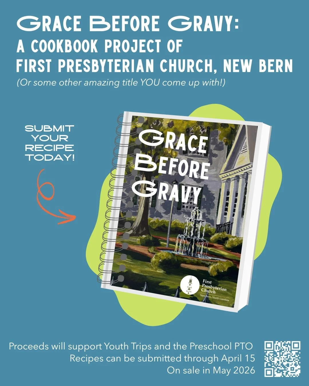 Grace Before Gravy:
A Cookbook Project of First Presbyterian Church, New Bern

We&rsquo;re collecting favorite recipes from our church community for a fundraising cookbook that celebrates real life around the table.

We&rsquo;d love:
🥘 Weeknight, cr
